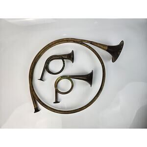 Set of 3 Brass French Horn Decoration Rustic Christmas Decor Farmhouse Up To 19"